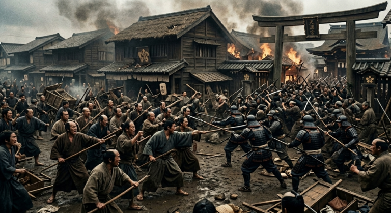 This is an AI generated image depicting a likely scene from the 1444 Bun'nan Koji Riots in Kyoto