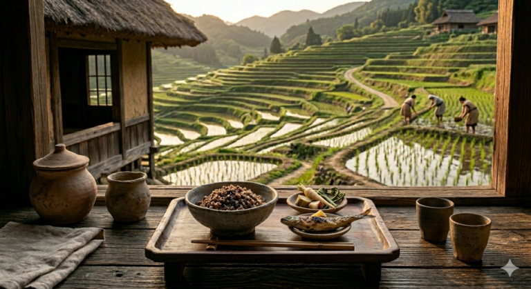 A scene from the 7th century in Japan showing terraced rice fields and a simple but nutritious meal based on fish, grains and fermented vegetables