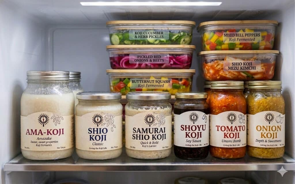 A selection of essential ferments in jars to help the home cook transform their flavours with koji.