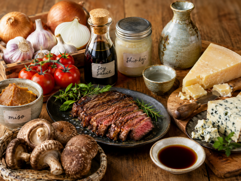 A selection of umami rich foods laid out on a table with artisanal hand written lables for shio-koji, soy sauce and miso