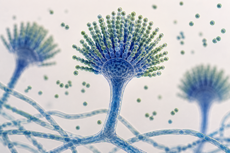 An AI generated image of the koji mould Aspergillus oryzae under the microscope.