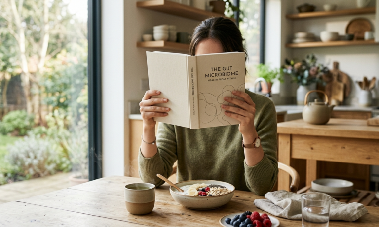 A young woman at the breakfast table, reading a book about gut health with a healthy gut-friendly breakfast