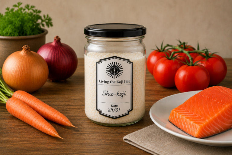 Homemade shio-koji jar with handwritten label on a table with a fillet of salmon and various vegetables