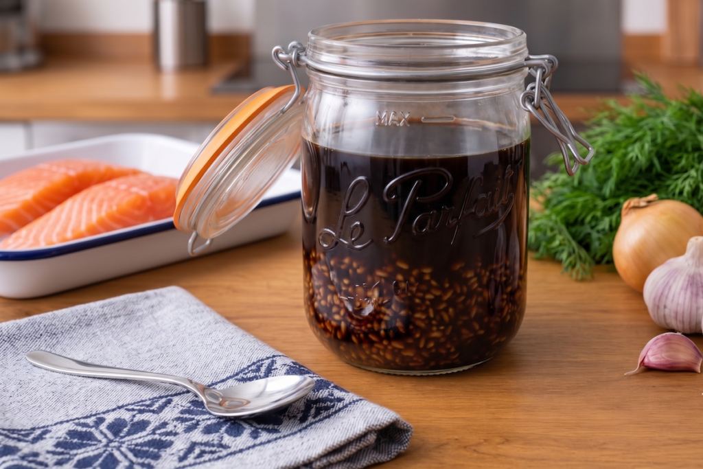 A jar of homemade shoyu-koji (soy sauce koji) on a kitchen table with fresh ingredients