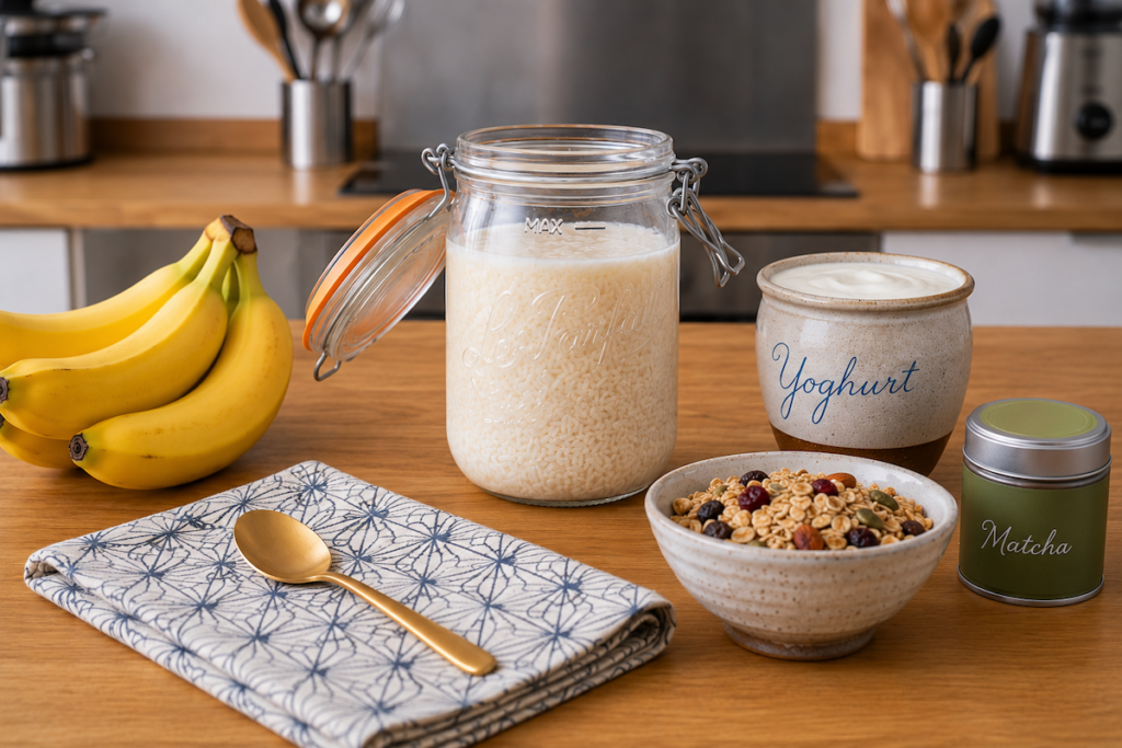 Homemade amazake in a jar on a kitchen table with bananas, a pot of yoghurt, granola and a tin of matcha powder