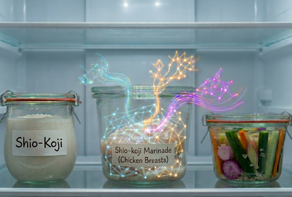 An AI generated image showing the ezymes in koji working on chicken breasts in the fridge