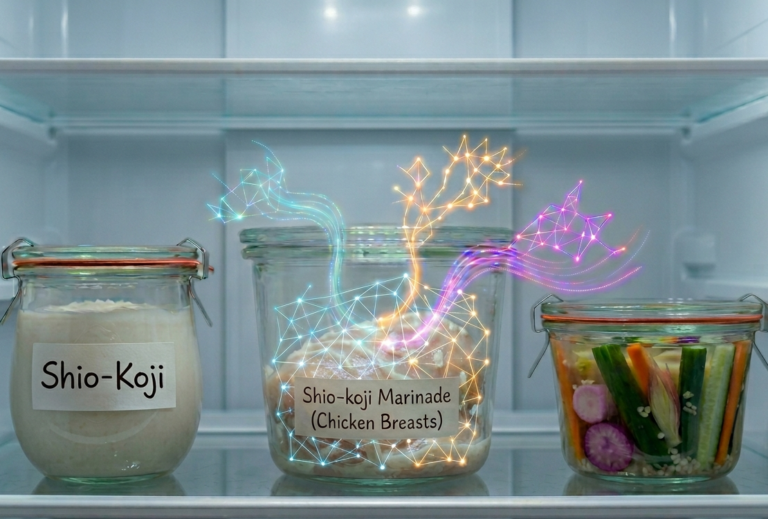 An AI generated image showing the ezymes in koji working on chicken breasts in the fridge