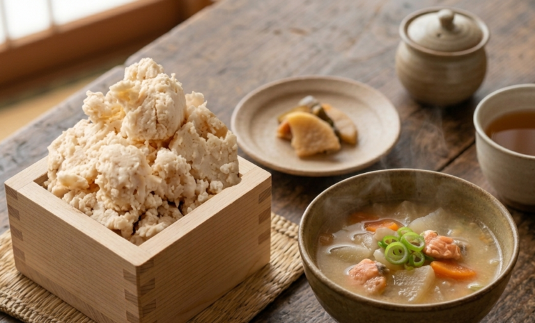 Sake kasu in a wooden masu on a table with kasu-jiru soup and tsukemono pickles