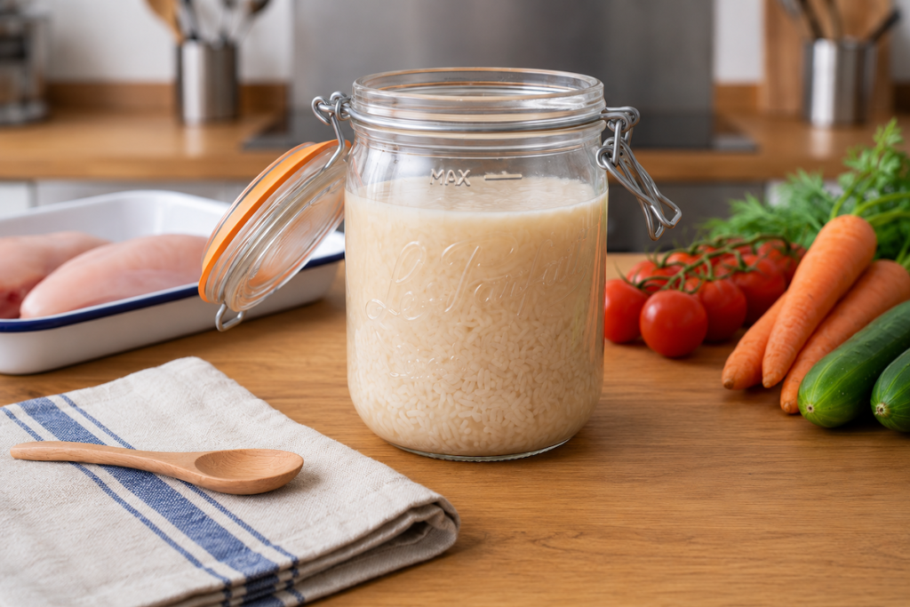 A jar of homemade shio-koji (salt koji) on a kitchen table with fresh ingredients